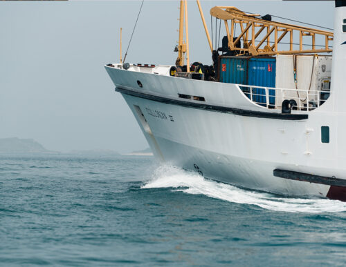 Front view of Scillonian III sailing towards the Isles of Scilly