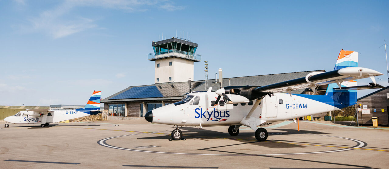 Skybus twin otter and islander on the airfield at Land's end airport