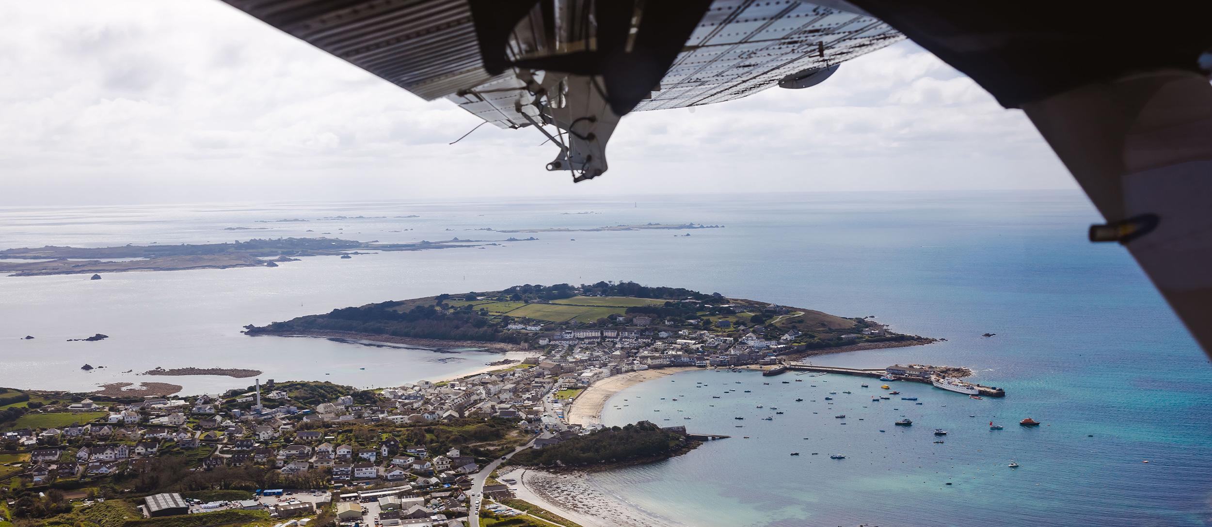 view of St Mary's and Scillonian III from Skybus Twin Otter