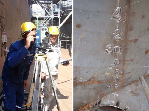 Menawethan - hull draft marks using a laser theodolite and welded in place - April 2025