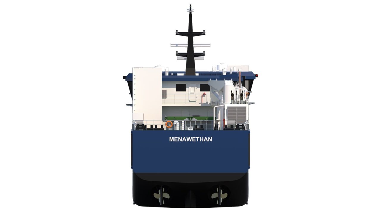CGI- Menawethan cargo vessel - view rear - July 2025