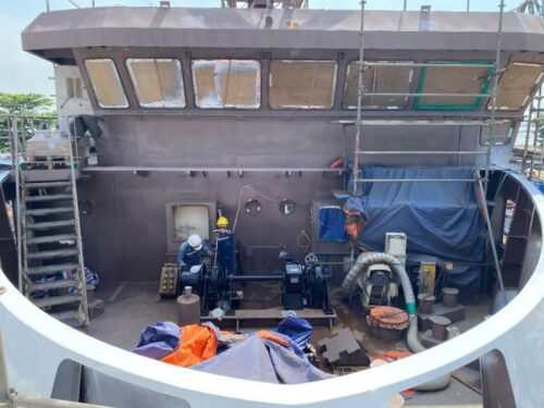 Photo of ISSG's new freight vessel under construction in Vietnam - Menawethan - photo shows wheelhouse of vessel before painting