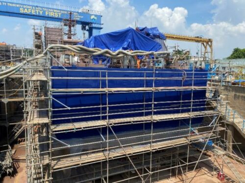 Photo of ISSG's new freight vessel under construction in Vietnam - Menawethan - shows aft of vessel