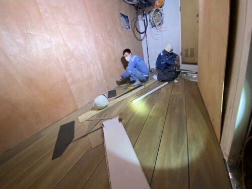 Photo of ISSG's new freight vessel under construction in Vietnam - Menawethan - showing interior progress as flooring is being installed