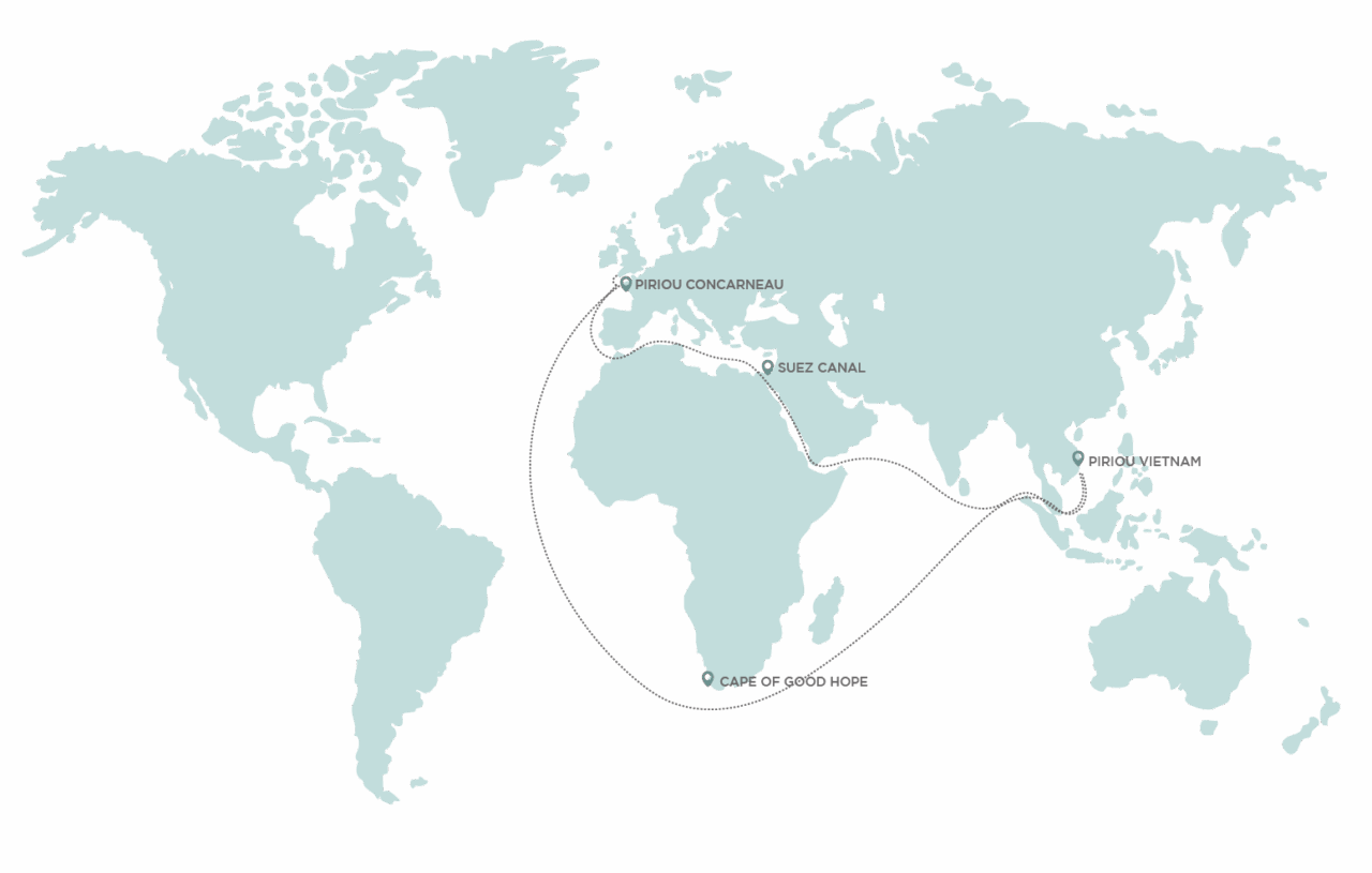 illustration map showing scillonian iv's new planned route from vietnam to europe