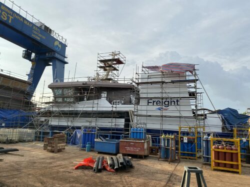 Photo of ISSG's new freight vessel under construction in Vietnam - Menawethan - photo shows recently painted hull