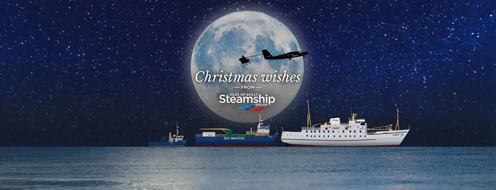 Illustration of Scillonian III, Gry Maritha and Swift lady on a moonlit horizon.