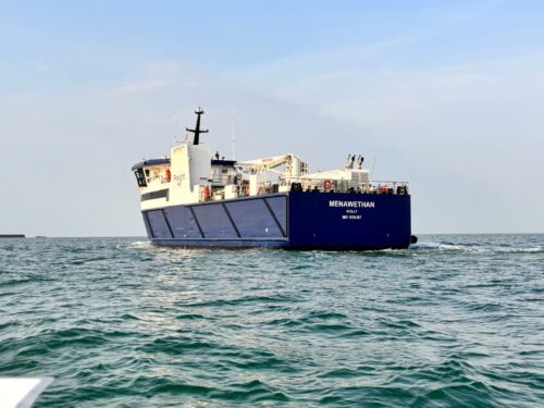 Menawethan freight vessel on sea trials
