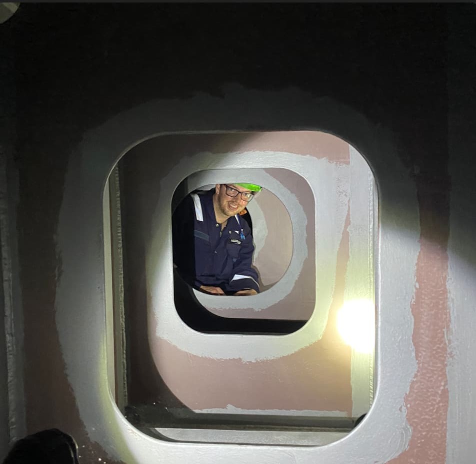 Tom on Scillonian IV inspecting paint.