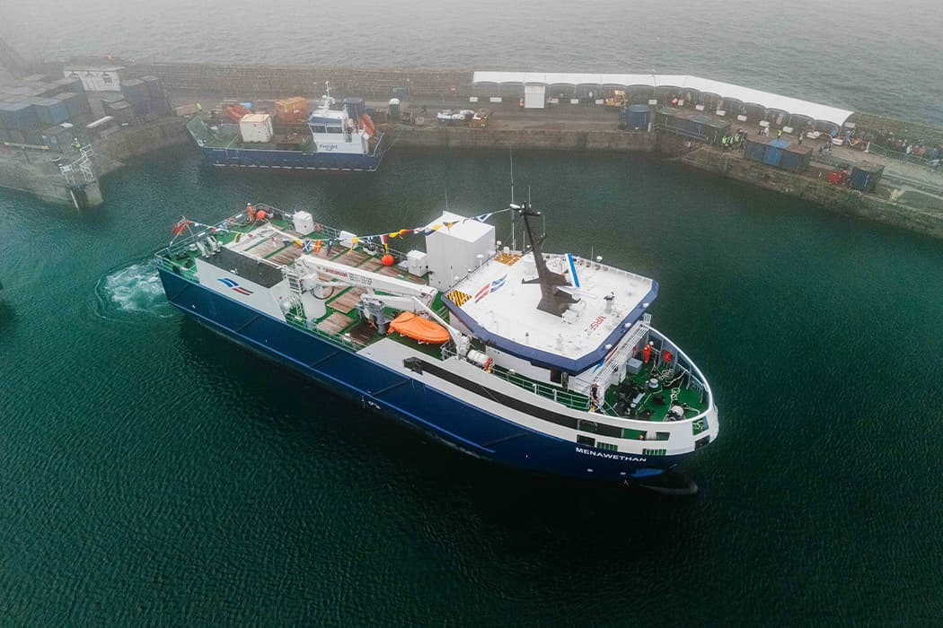 aerial view of Menawethan's arrival into Penzance wet dock - 18 June 2026