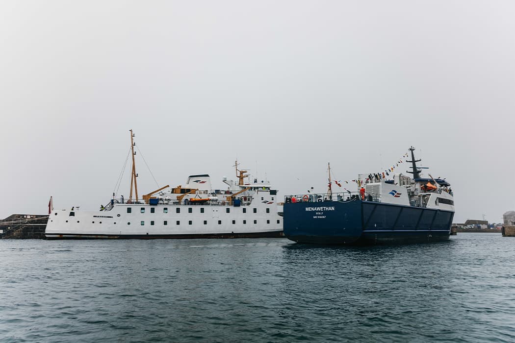 Menawethan sailing by Scillonian III in Penzance