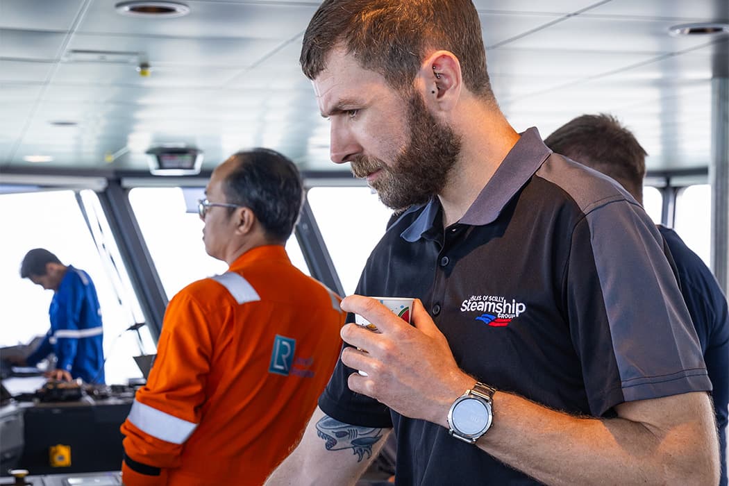 Brian O'Reilly on the bridge - Commissioning Manager for Scillonian IV