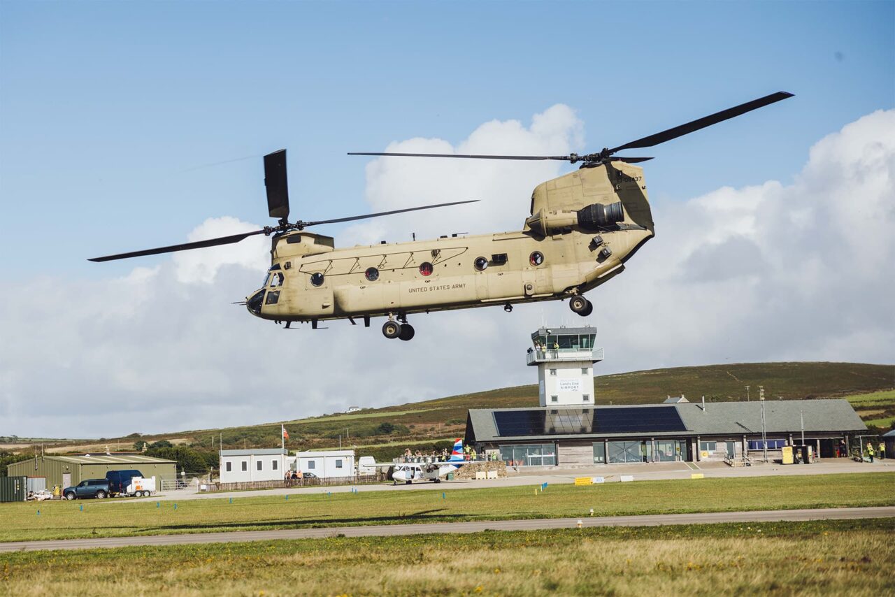 US army chinook helicopter landing at Land's End Airport